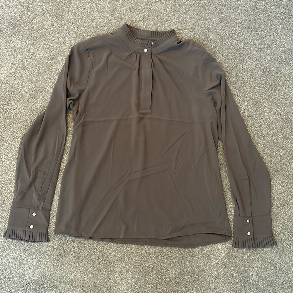 CALVIN KLEIN Gray Mock Turtle Blouse with Frill Embellishment